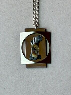 Mid Century Modernist Mirrored Silver Abalone Pendant Necklace 28”